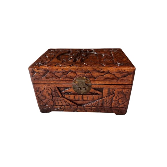 Vintage Hand-Carved Wooden Jewelry Box with Red Velvet Interior | Asian Trinket - Picture 3 of 4